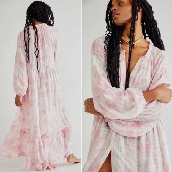 Free People Edie Maxi Dress LS Button Front Tiered Pleated Washed Rose XS NWT - Picture 16 of 16